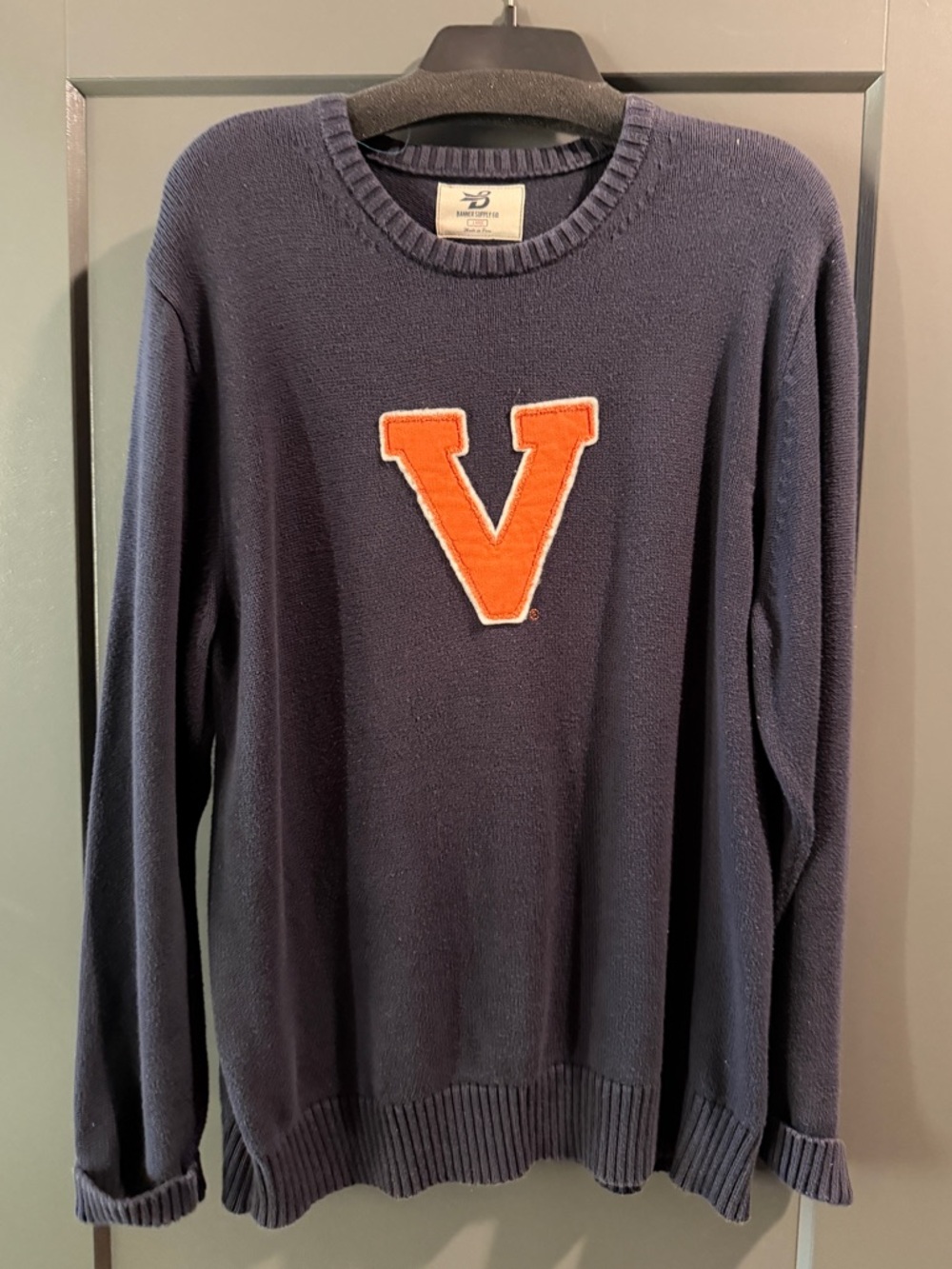 100% Cotton Navy Crewneck Sweater with Orange 'V' Accent